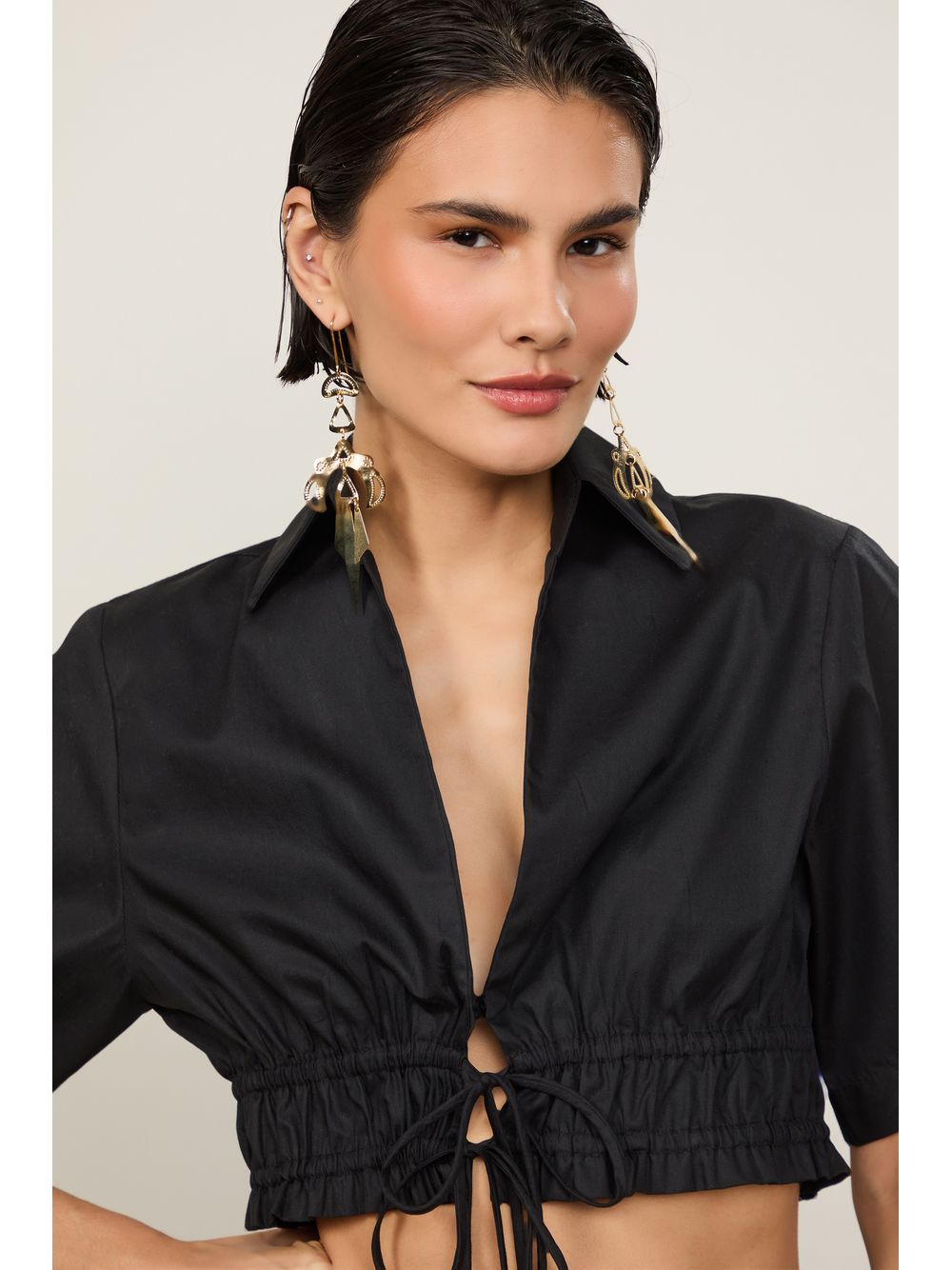 Animale — Camisa De Algodão Cropped Detalhe Franzido Preta