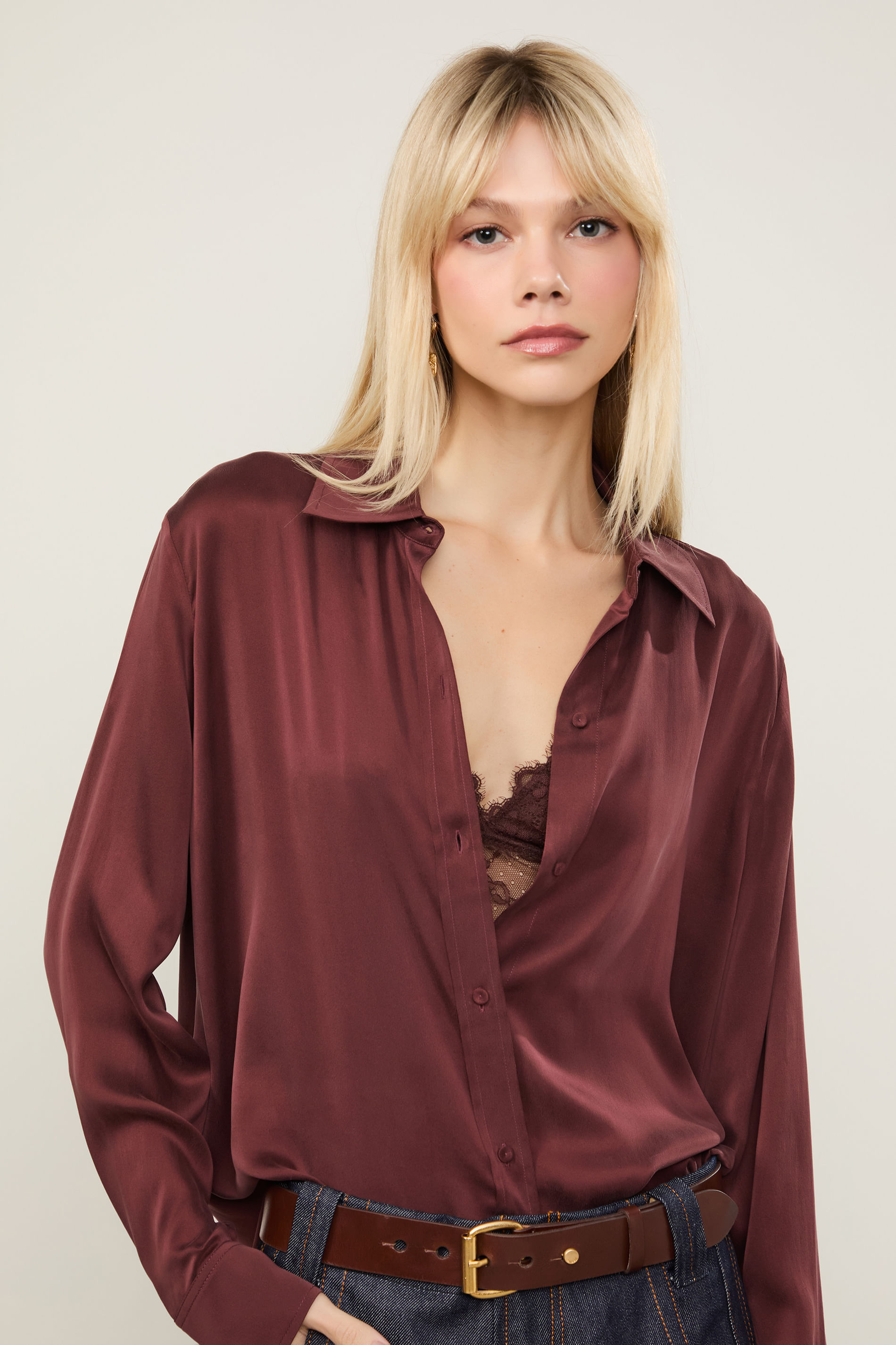 Camisa De Cetim Marrom Boho Mnga Longa