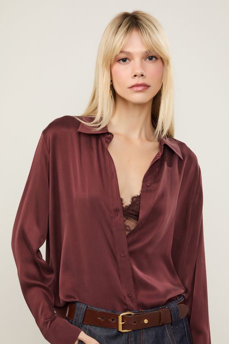 Camisa De Cetim Marrom Boho Mnga Longa Marrom Boho - P