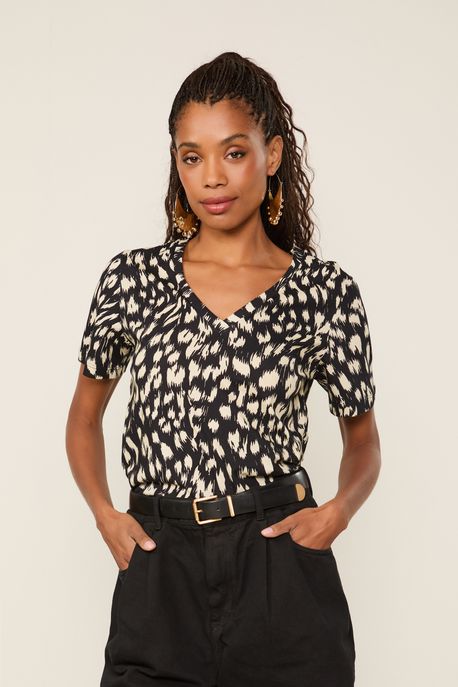 T-Shirt Decote v Onca Abby Preto e Cru p Est Onca Abby Preto e Cru - G