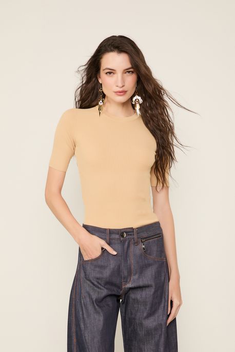 T-Shirt De Tricot Canelado Básica Bege Sisal - G