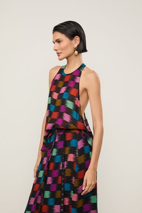 Top De Georgette Leve Detalhe Ilhós Costas Estampado Est Xadrez Whisky Color - 38