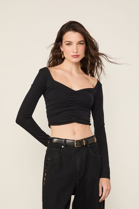Blusa Manga Longa Franzida Preto - GG