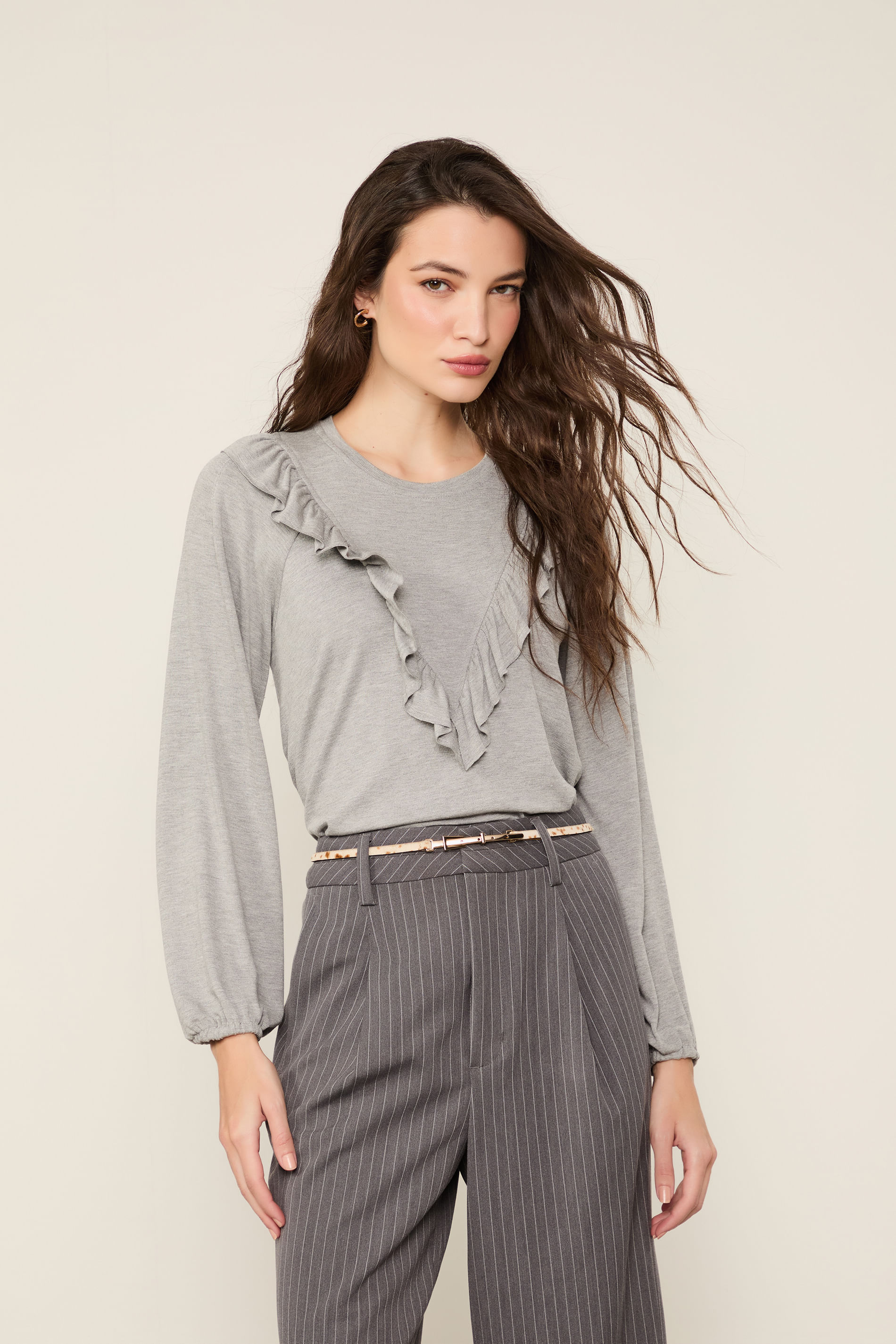 Blusa Manga Comprida Babado Mescla