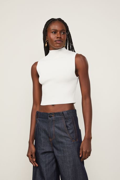 Blusa Básica De Tricot Cropped Gola Alta Off White - M