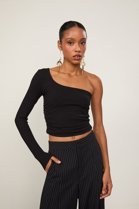 Blusa Um Ombro So Franzido Preto - PP