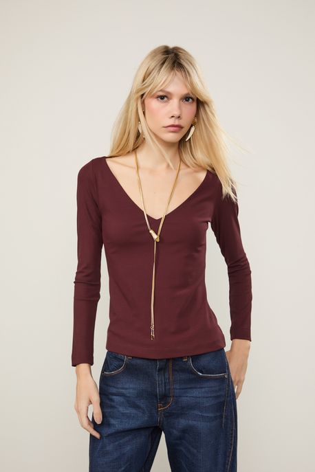 Blusa Decote v Aberto Marrom Boho Marrom Boho - GG