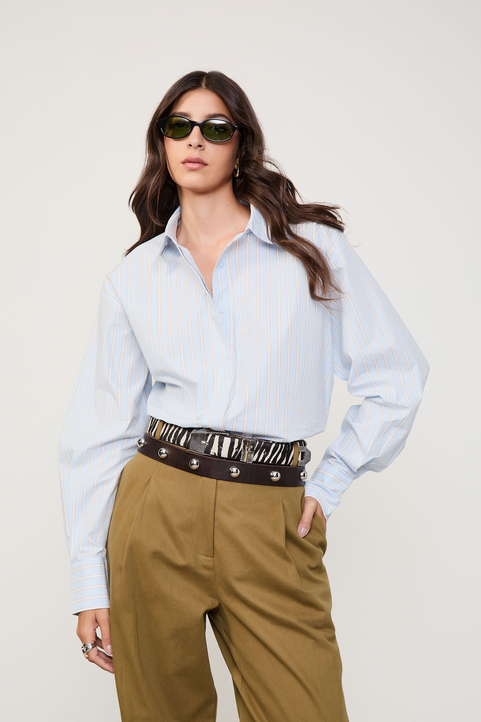 Camisa De Algodão Listrada Com Pregas