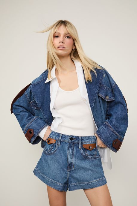 Short Jeans Cintura Aleta Couro Jeans Medio - 38