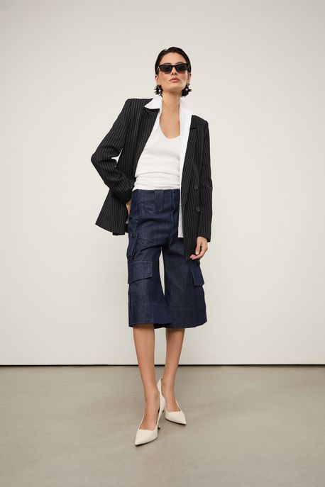 Bermuda Jeans Raw Ampla Bolso Lateral Jeans Escuro - 42