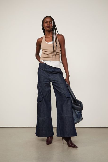 Calca Jeans Raw Ampla Bolso Lateral Jeans Escuro - 42