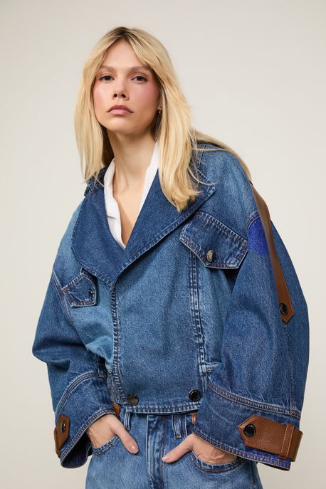 Casaco Jeans Gola Couro Jeans Medio - M