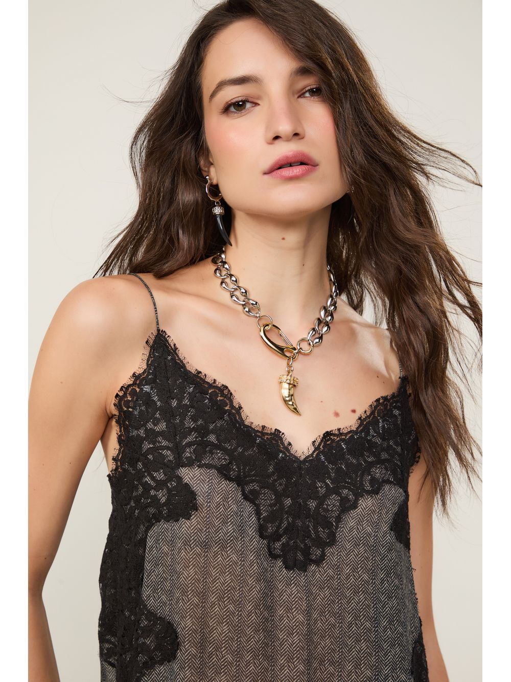 Animale — Vestido De Georgette Leve Midi Com Renda Estampado