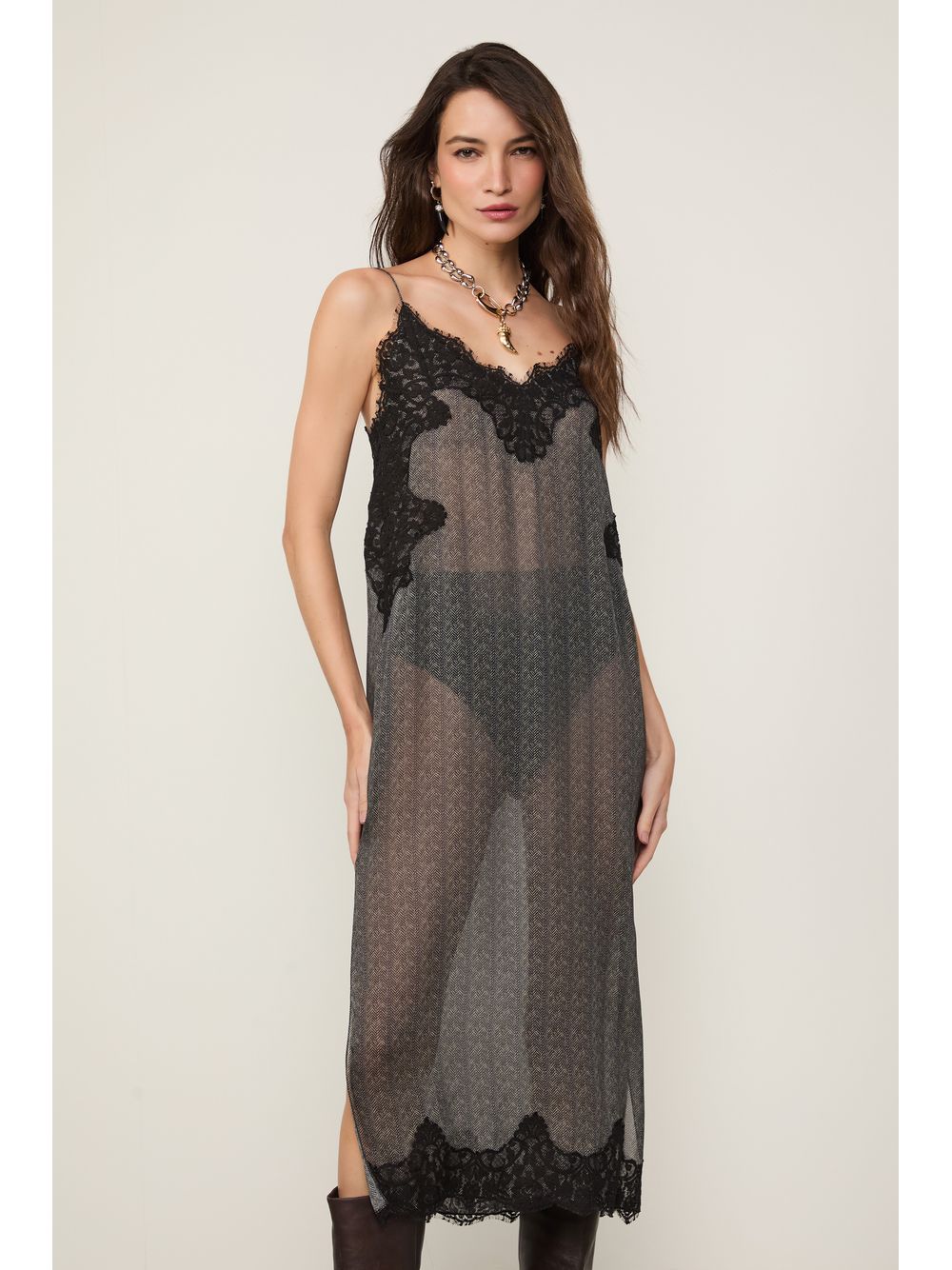 Animale — Vestido De Georgette Leve Midi Com Renda Estampado