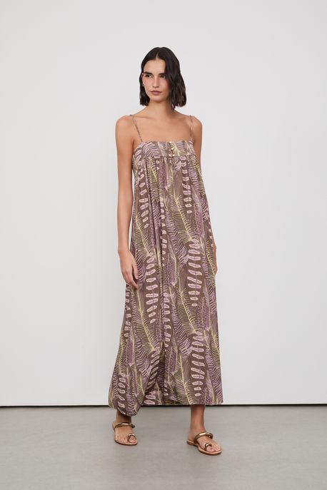 Vestido Midi Decote Reto Estampado Est Folhagem Pena Cacau e Pipa - 38