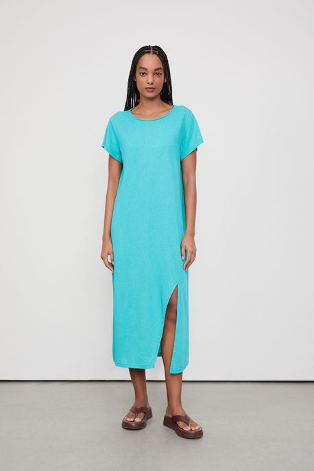 Vestido T-Shirt De Malha Com Fenda Azul Baia - M