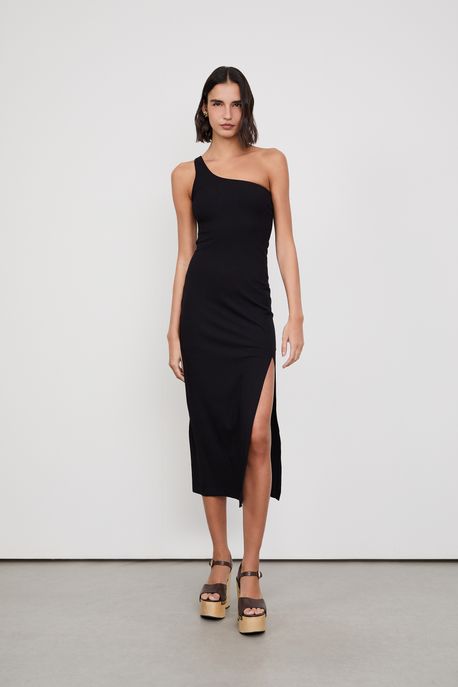 Vestido Um Ombro So Fenda Preto - P