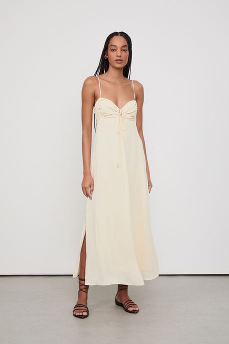 Vestido Midi Detalhe Tuneis Amarelo Creme - 42
