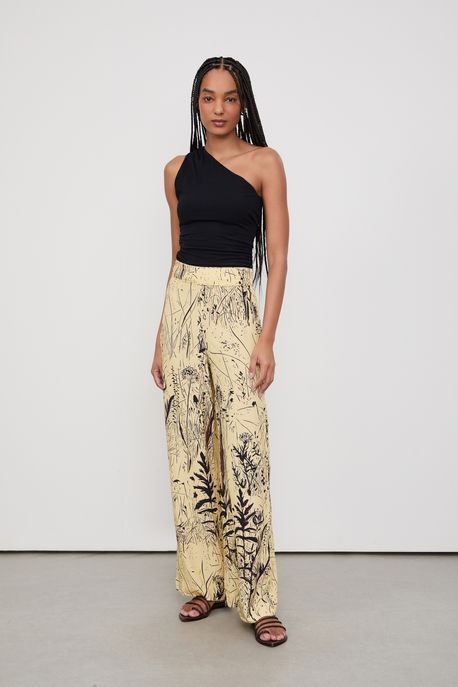 Calça Cós De Elástico Estampada Est Folhagem Nanquim Papiro - 40