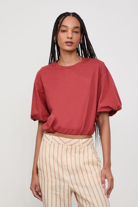 Blusa De Malha Cropped Manga Bufante Marrom Pimenta 18-1325 Tcx - P