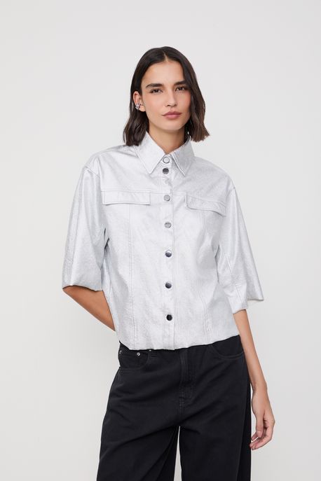 Camisa Like Leather De Brilho Manga 3/4 Prata - M