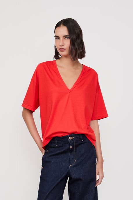 T-Shirt De Malha Decote v Color Vermelho Flame - G