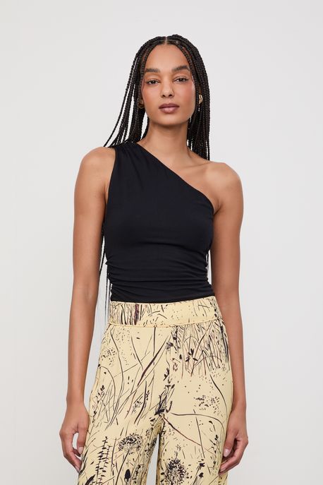 Blusa De Malha Um Ombro Só Com Detalhe Franzido Preto - P