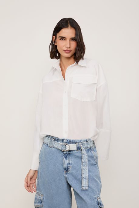 Camisa De Voil Com Bolso Off White - G