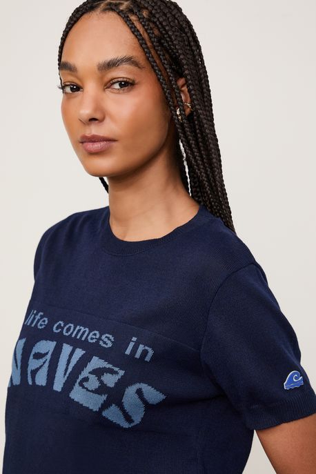 Blusa Tricot Life Comes In Waves Azul Navy - M
