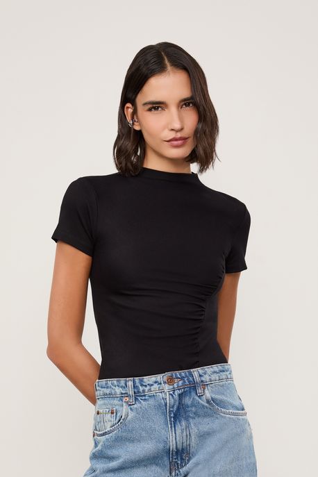 Camiseta Malha Franzido Preto - M