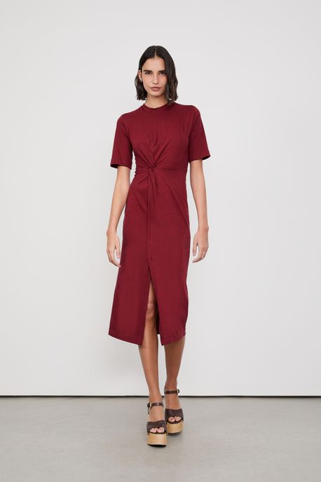 Vestido Midi Entrelaco Manga Curta Vermelho Tinto - M