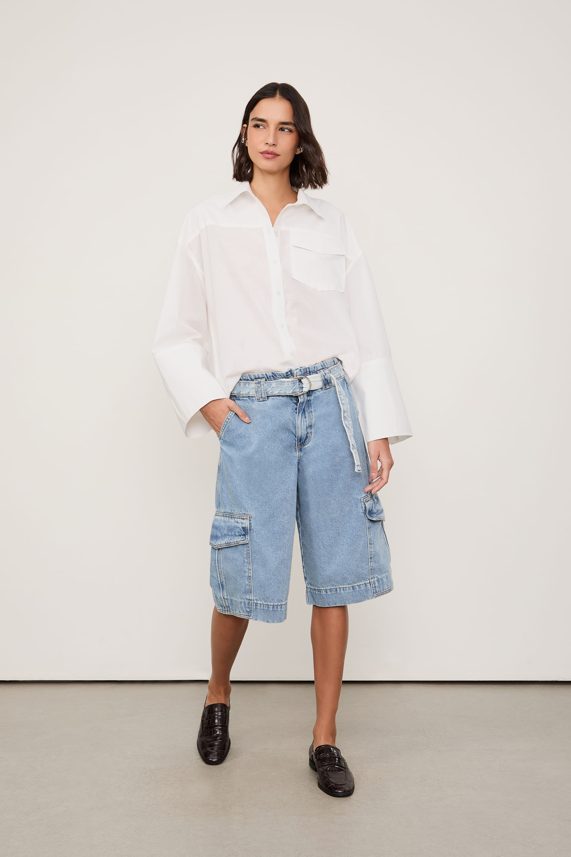 Bermuda Jeans Cargo Com Cinto