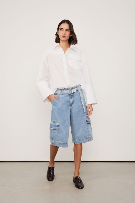 Bermuda Jeans Cargo Com Cinto Jeans Medio - 40