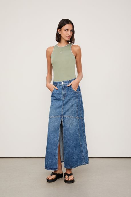 Saia Jeans Longo Fenda Frontal Jeans Escuro - 42