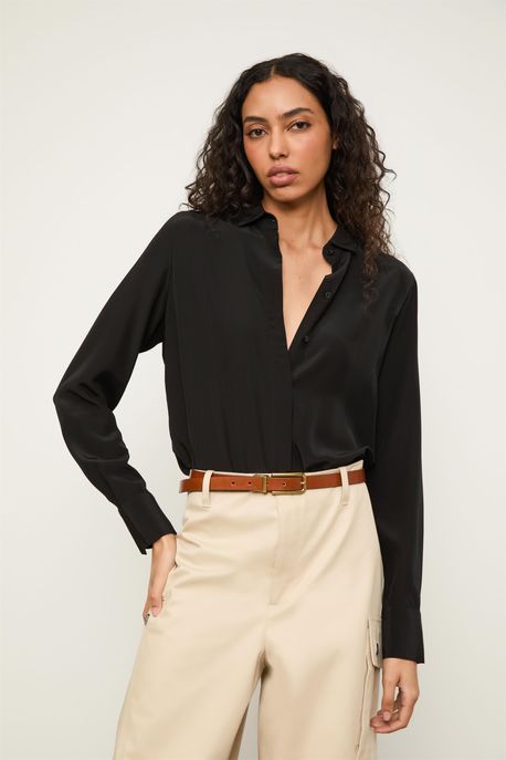 Camisa De Seda Básica Off White Manga Longa Preto - 36
