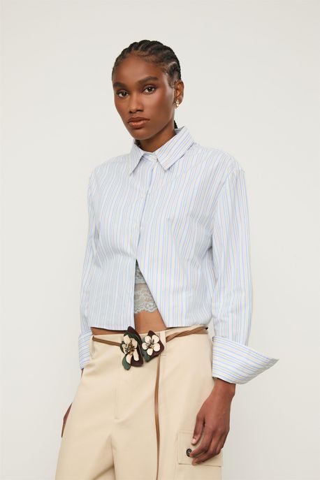 Camisa De Tricoline Cropped Listras Azul e Bege Azul Claro - P