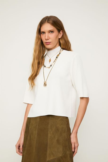 T-Shirt De Tricot Gola Alta Básica Off White - G