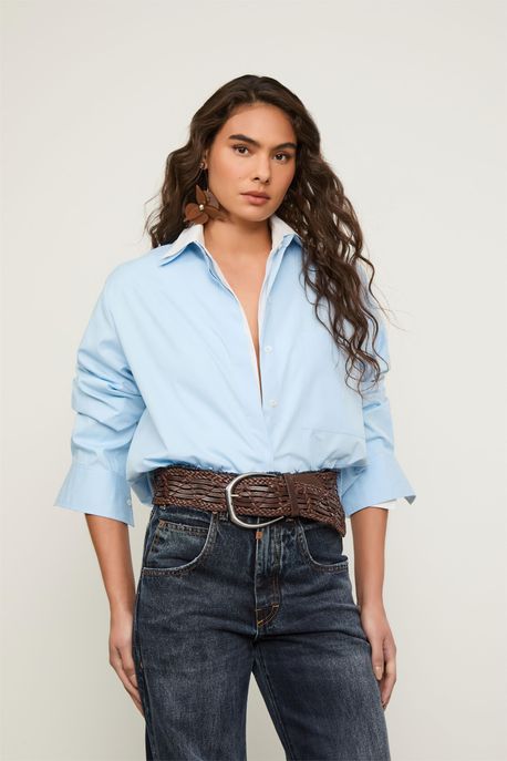 Camisa De Tricoline Essential Branca Azul Claro - 42
