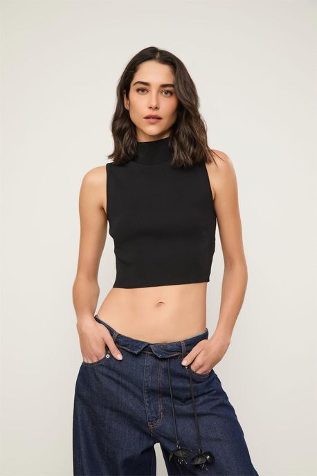 Blusa Básica De Tricot Cropped Gola Alta Preto - P