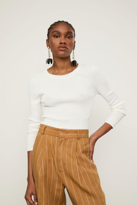 Blusa De Tricot Canelado Manga Longa Básica Off White - GG