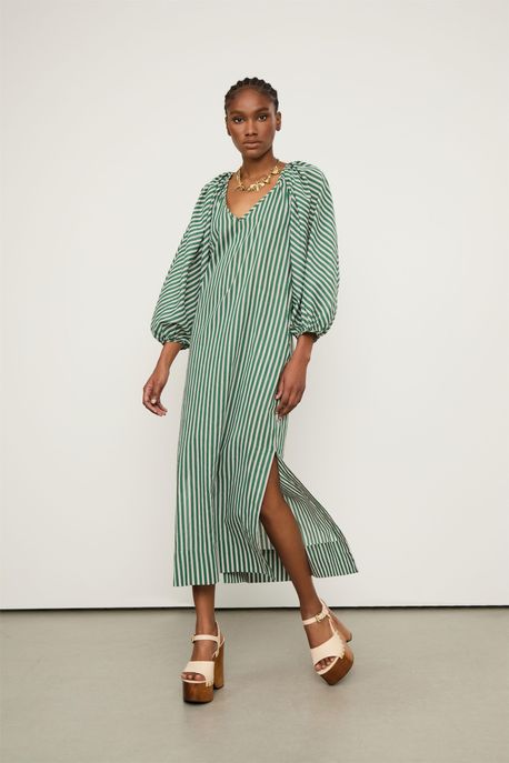 Vestido Voil De Algodao Manga Bufante Listrado Est Verde Eden/Laranja Modart - M
