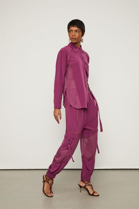 Calça De Crepe Com Georgette Roxo Com Detalhe Zig Zag Roxo Acai - 40