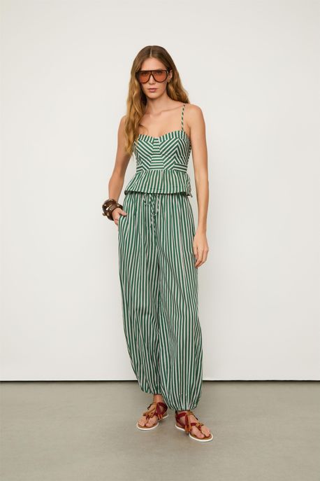 Calça Voil De Algodao Aladim Listrada Est Verde Eden/Laranja Modart - M