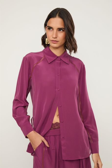 Camisa De Crepe Com Georgette Roxo Com Detalhe Zig Zag Roxo Acai - 36