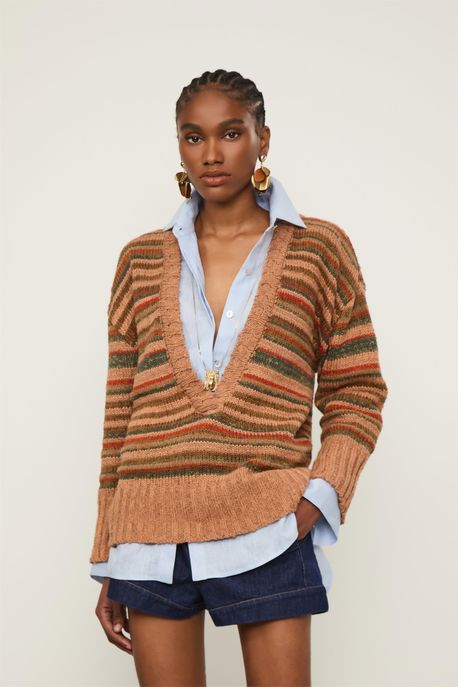 Cardigan Tricot Listrado Decote Profundo Bege / Areia / Verde / Laranja / Marrom - P