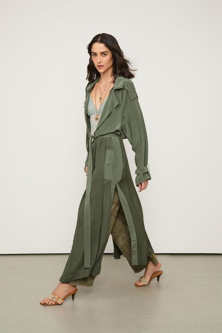 Trench Coat De Crepe Com Georgette Longo Verde Com Faixa Verde Thyme - M