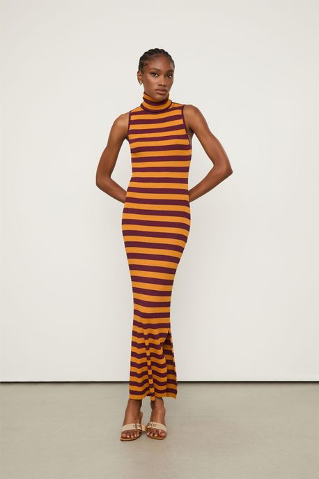 Vestido De Tricot Midi Listrado Sem Manga Com Gola Alta Roxo Acai/ Laranja Modart - G