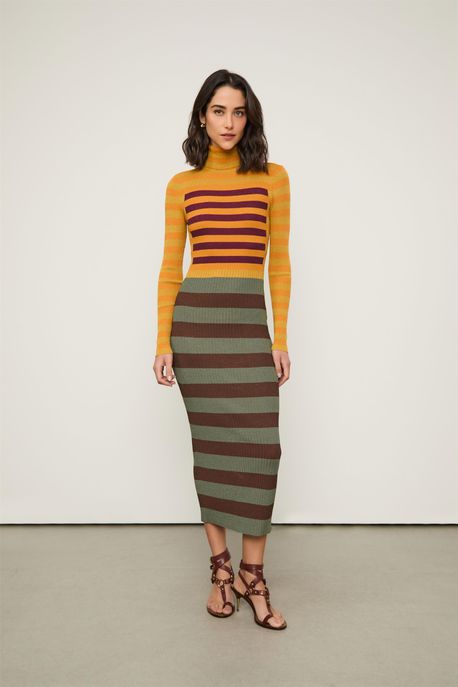 Vestido De Tricot Midi Mix Listras Multicoloridas Laranja Modart/ Roxo/ Amarelo/ Verde/ Ma - M