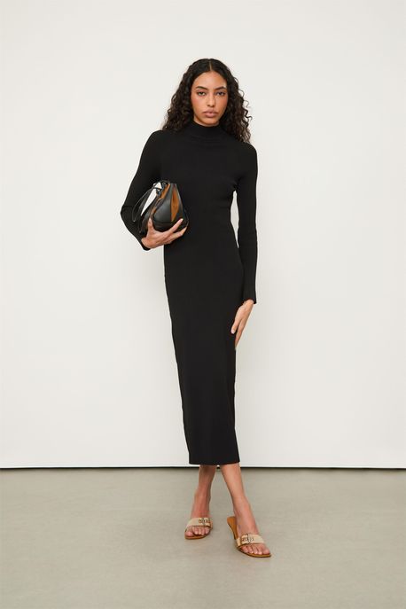 Vestido De Tricot Midi Preto Com Manga Longa e Decote Costas Preto - M
