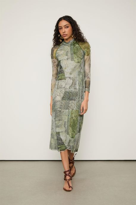 Vestido Tule Recortes Lenco Est Lenco Mapa Color C/ Fotografico Reco - G